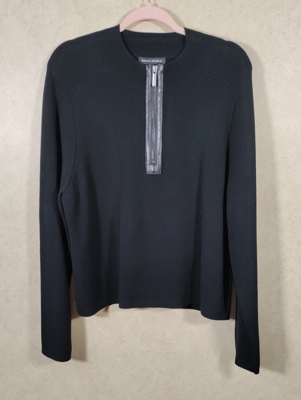 J153 Banana Republic Black Leather Trim Half Zip Sweater XL
